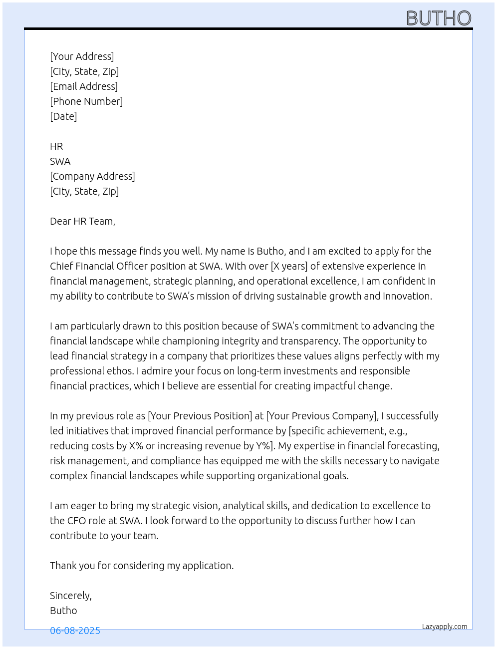 cfo At swa Cover Letter