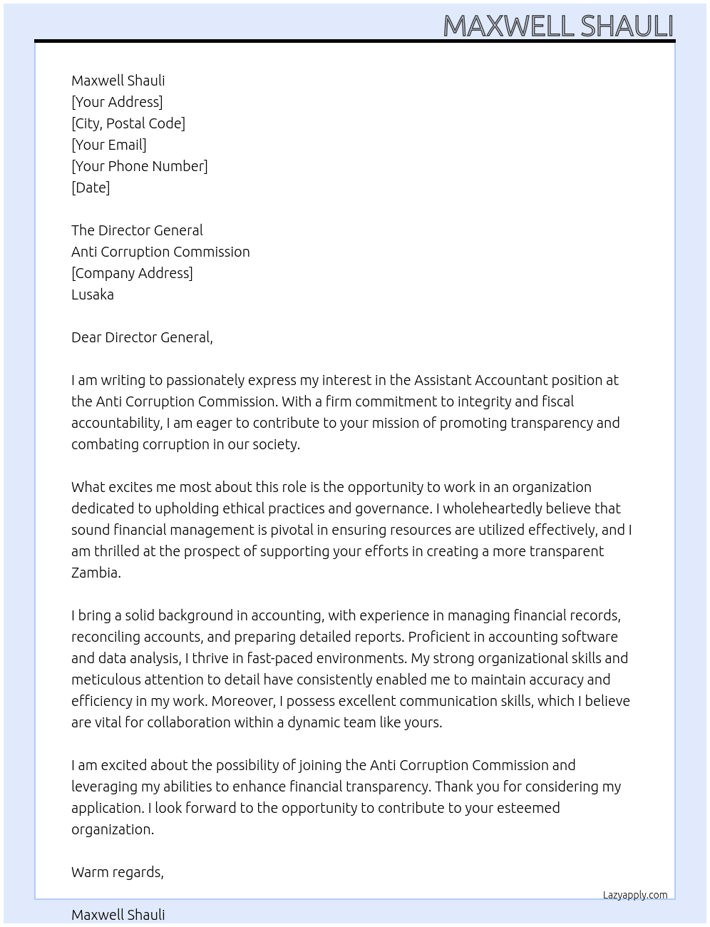 Assistant Accountant At The anti corruption commission Cover Letter