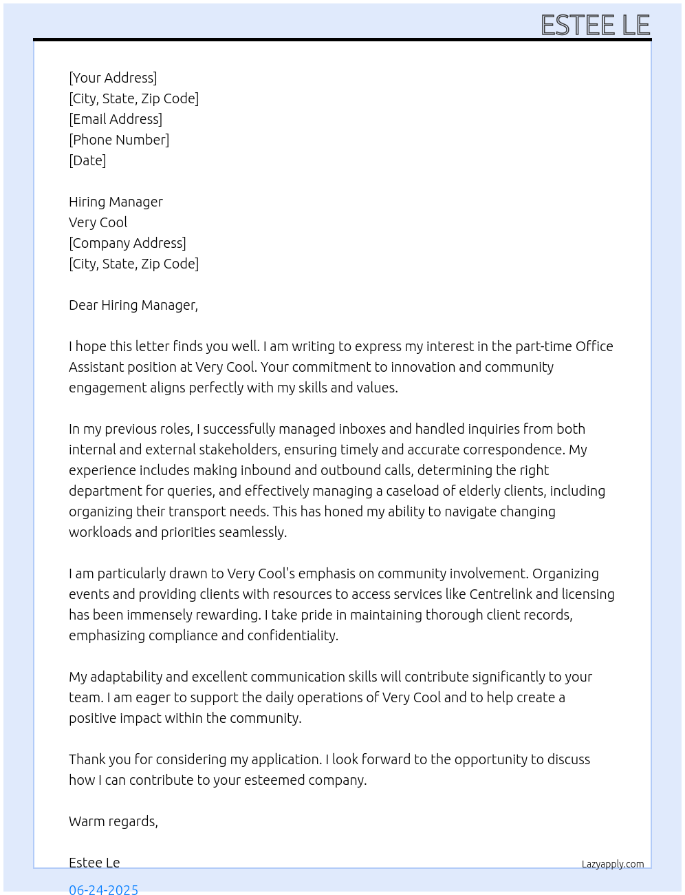 Office Assistant At Very Cool Cover Letter