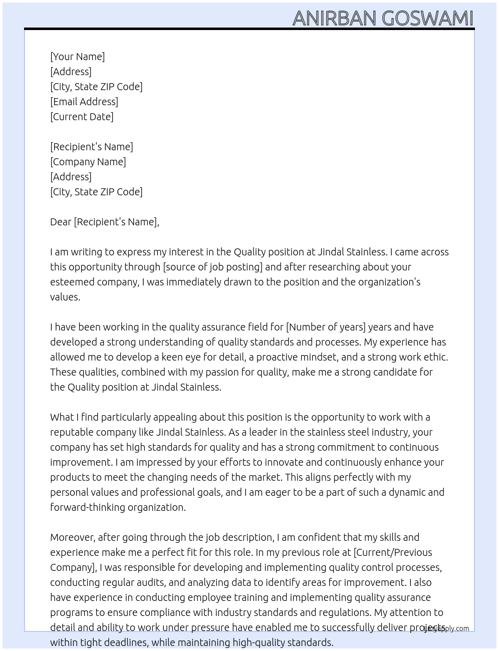 quality At Jindal Stainless Cover Letter