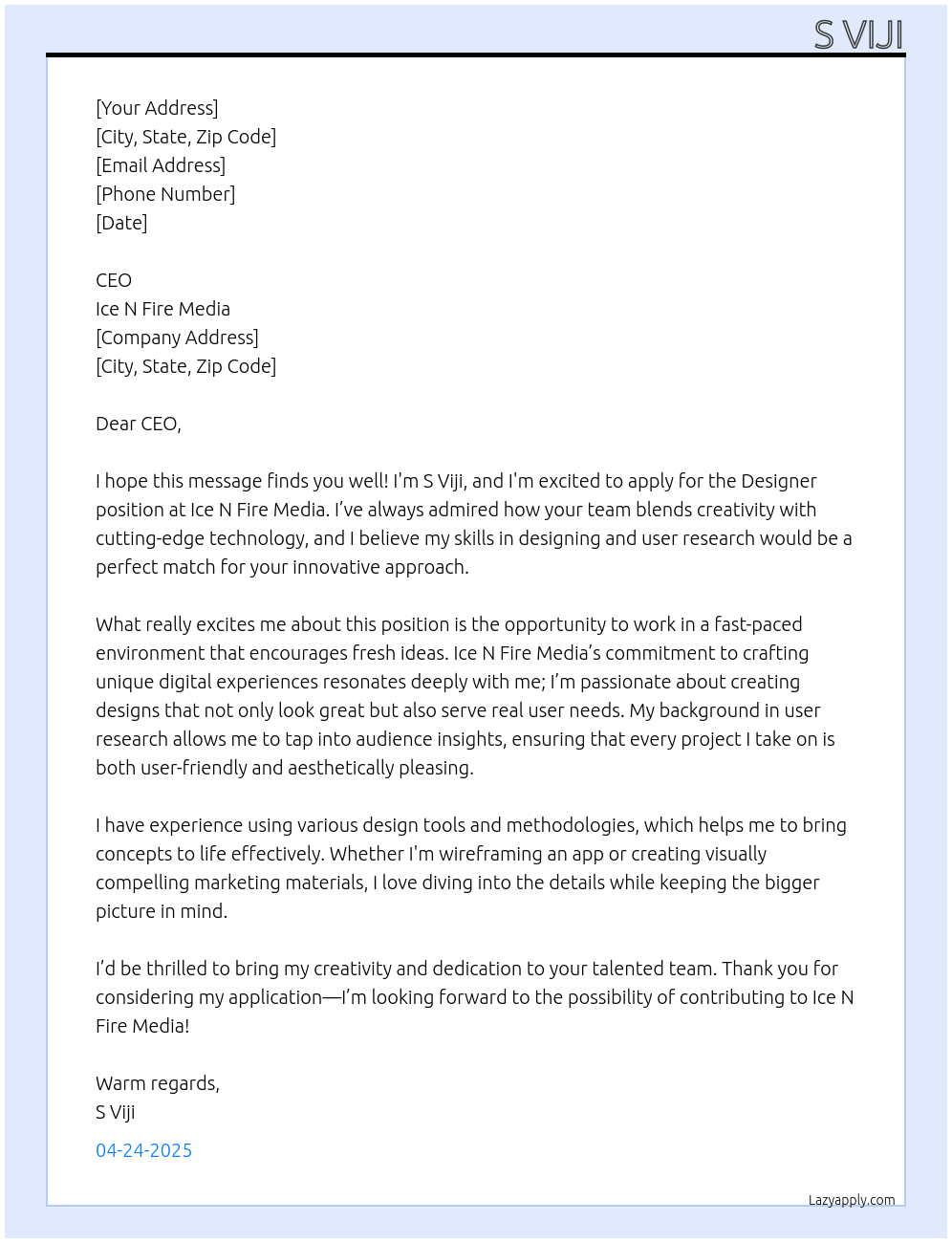 Designer At Ice N fire Media Cover Letter