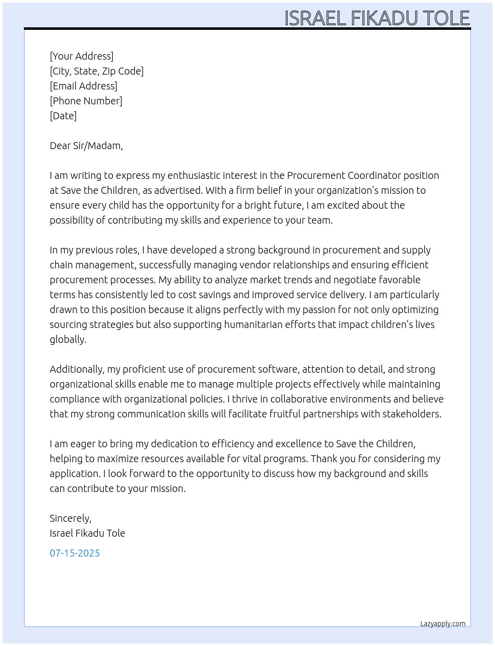 Cover letter for procurement coordinator - LazyApply