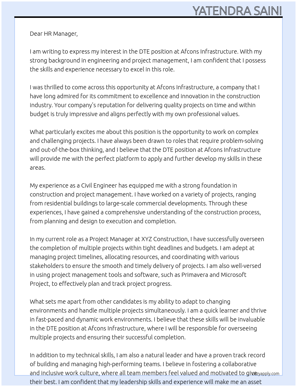 DTE At Afcons Infrastructure Cover Letter