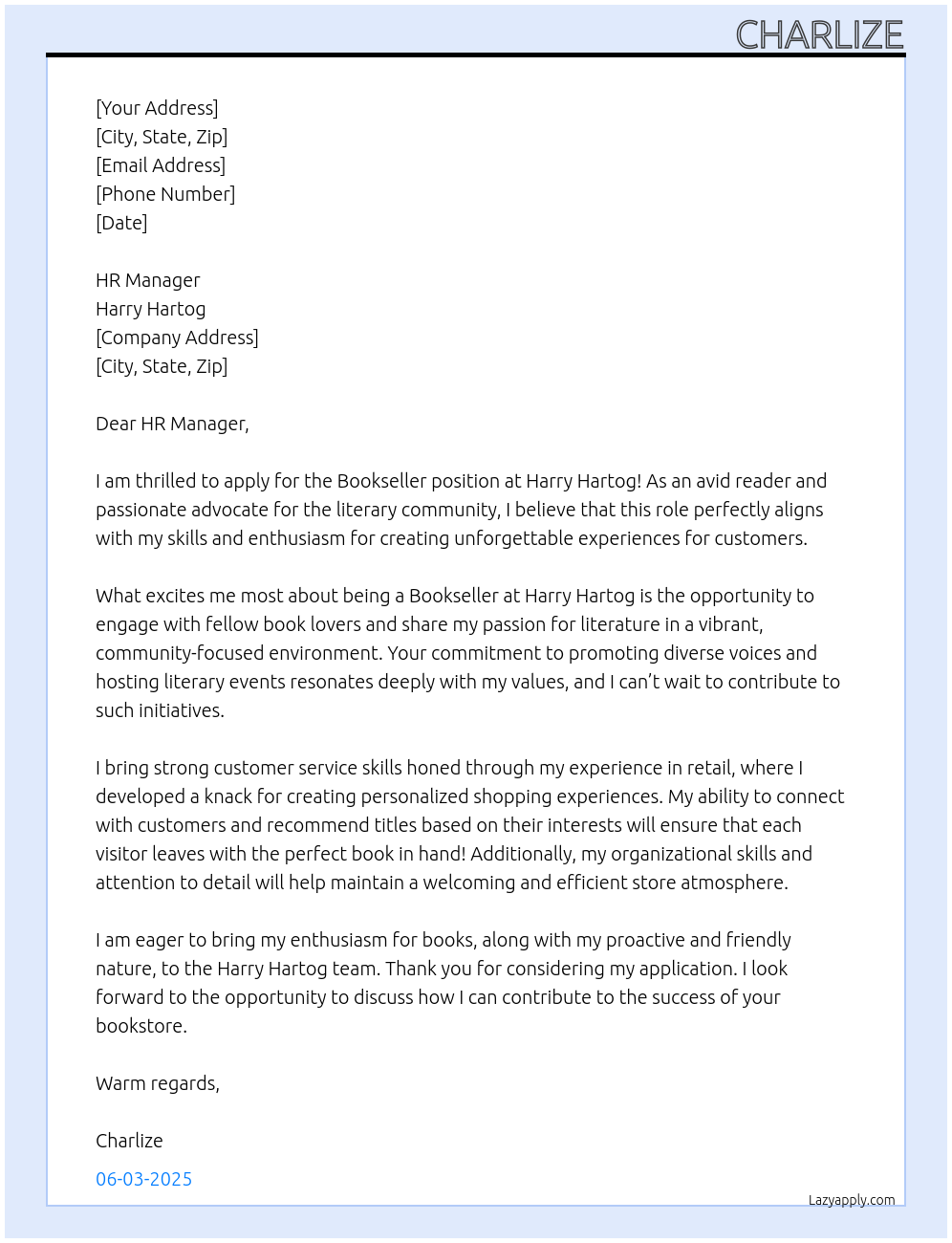 Cover letter for bookseller - LazyApply