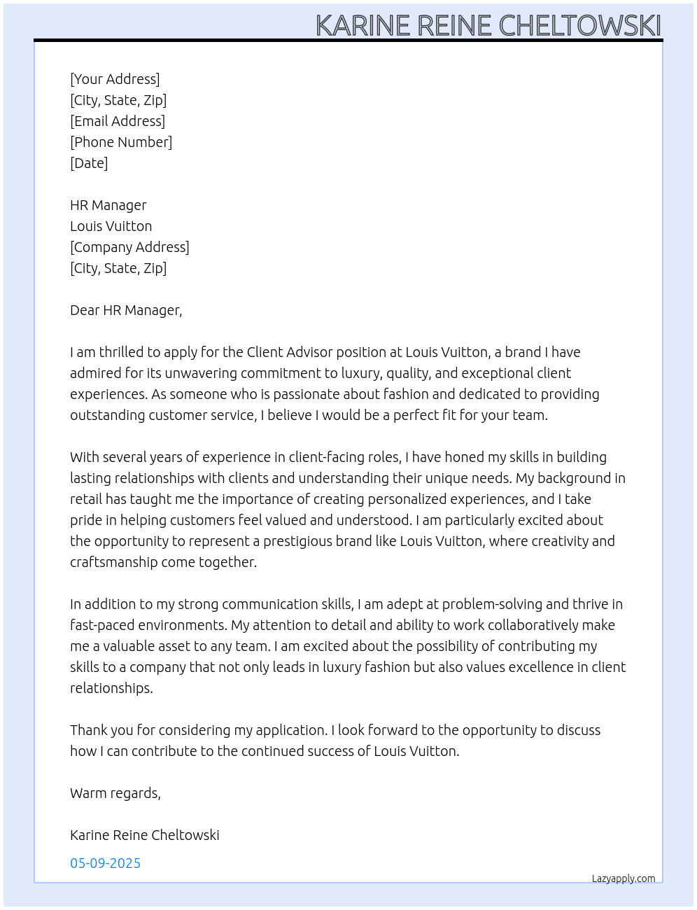 Client Advisor At Louis Vuitton Cover Letter
