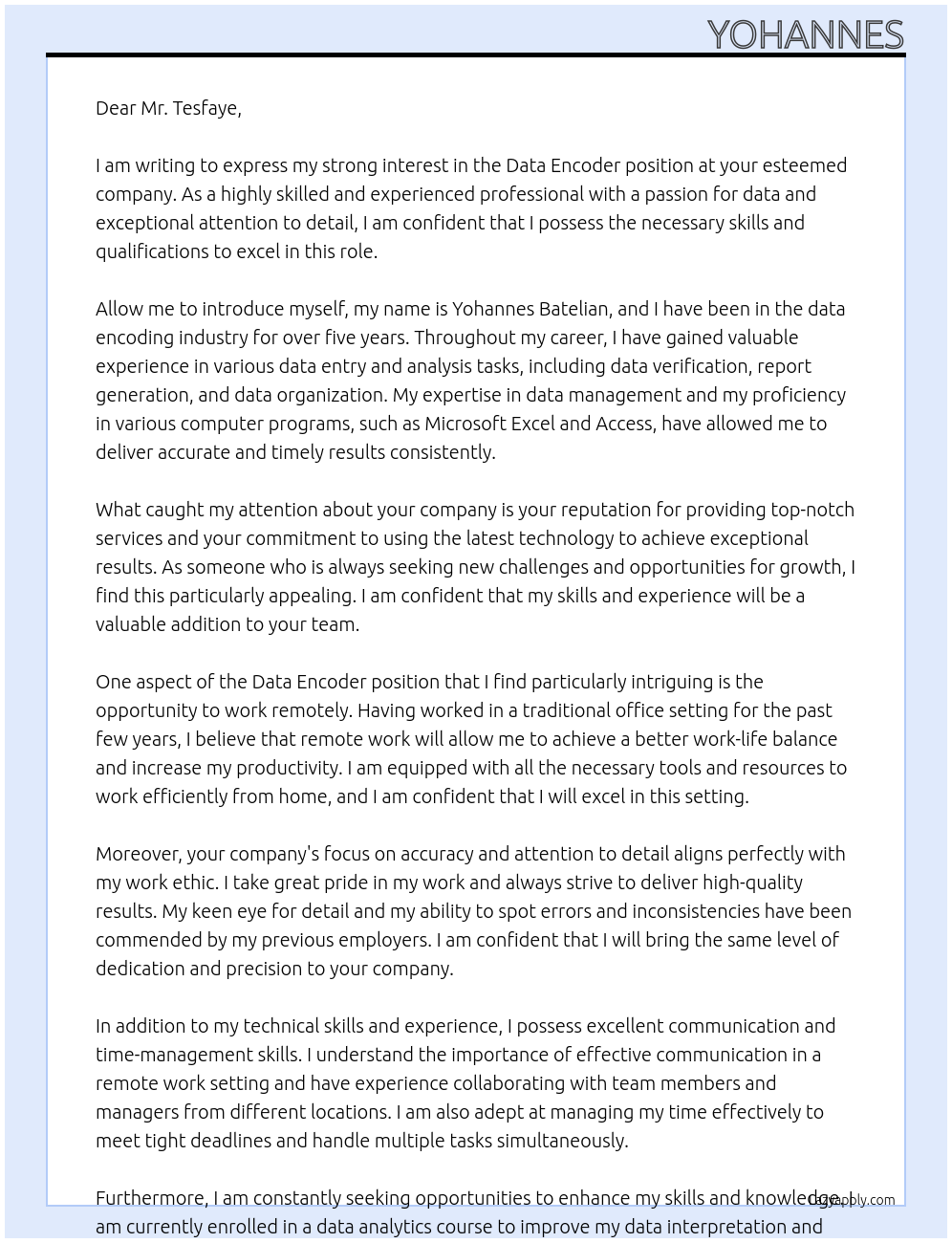 Data Encoder At Tesfaye Cover Letter