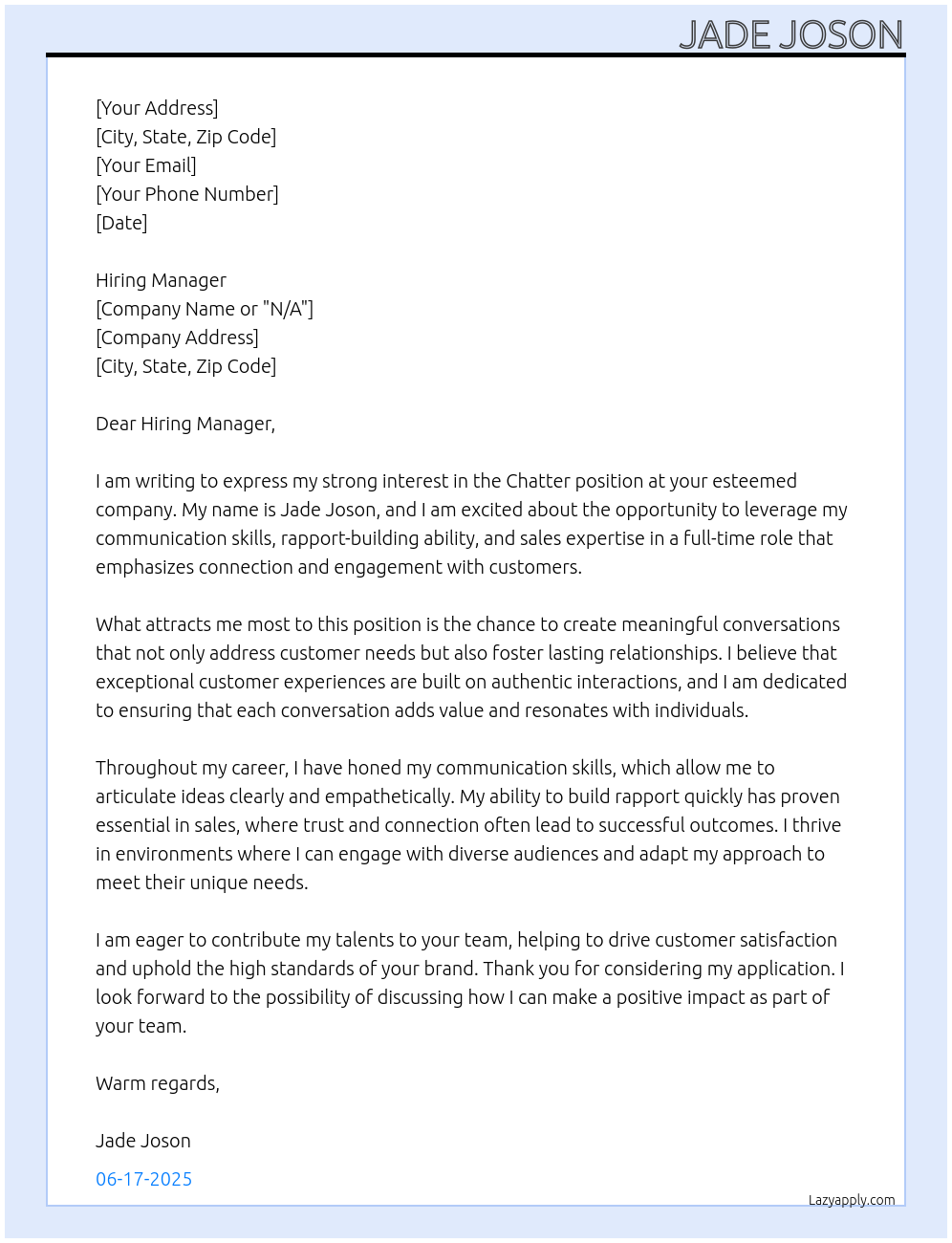 Chatter At N/A Cover Letter