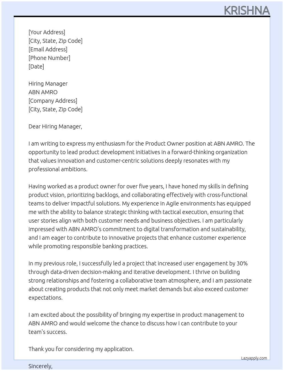 Product Owner At ABN AMRO Cover Letter