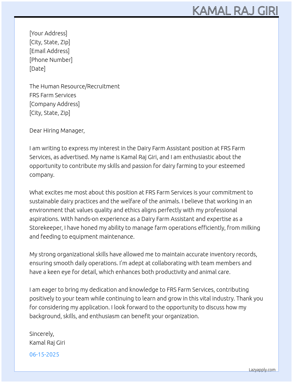 Dairy Farm Assistant At FRS Farm Services Cover Letter