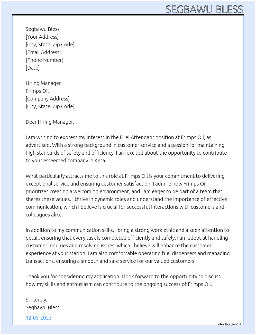 Cover letter for fuel attendant - LazyApply