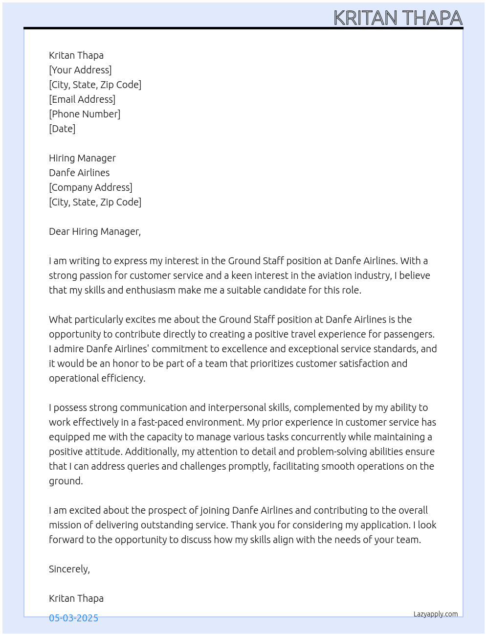 Ground staff At Danfe airlines Cover Letter