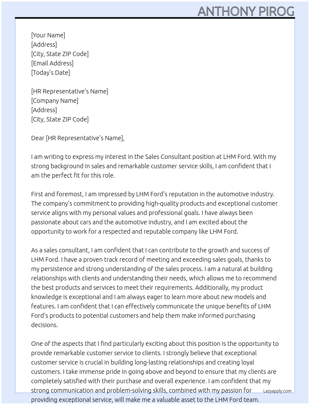 Sales Consultant At LHM Ford Cover Letter