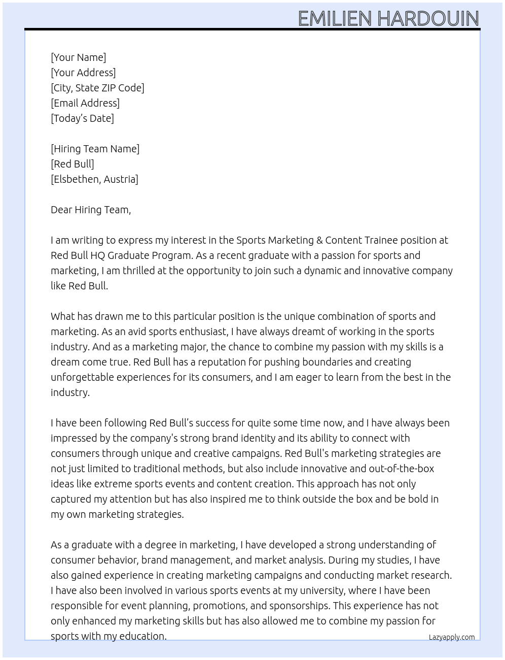 Cover letter for sports marketing & content trainee - red bull hq graduate program - LazyApply