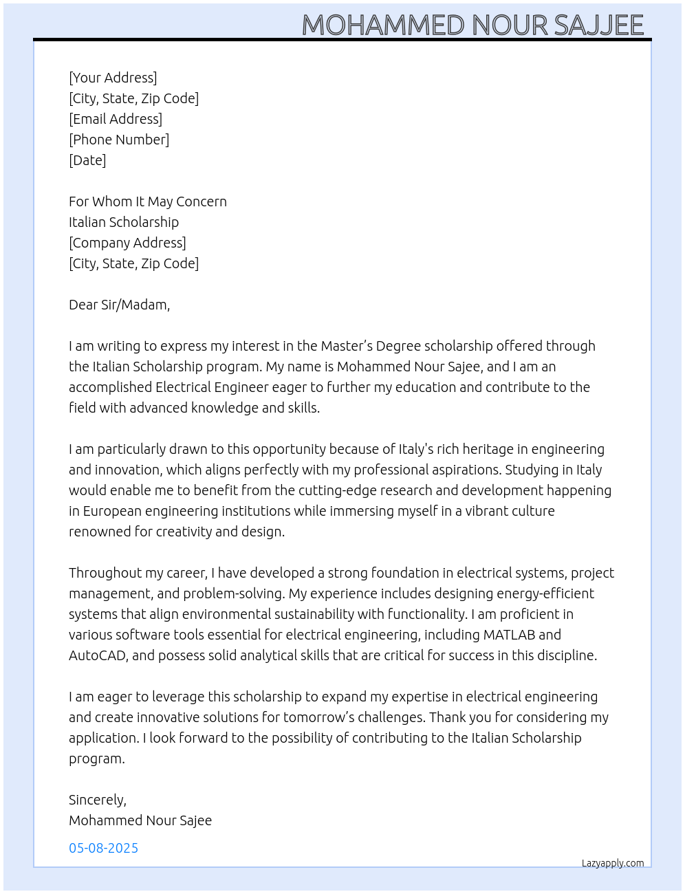 Electrical engineer At Italian scholarship Cover Letter