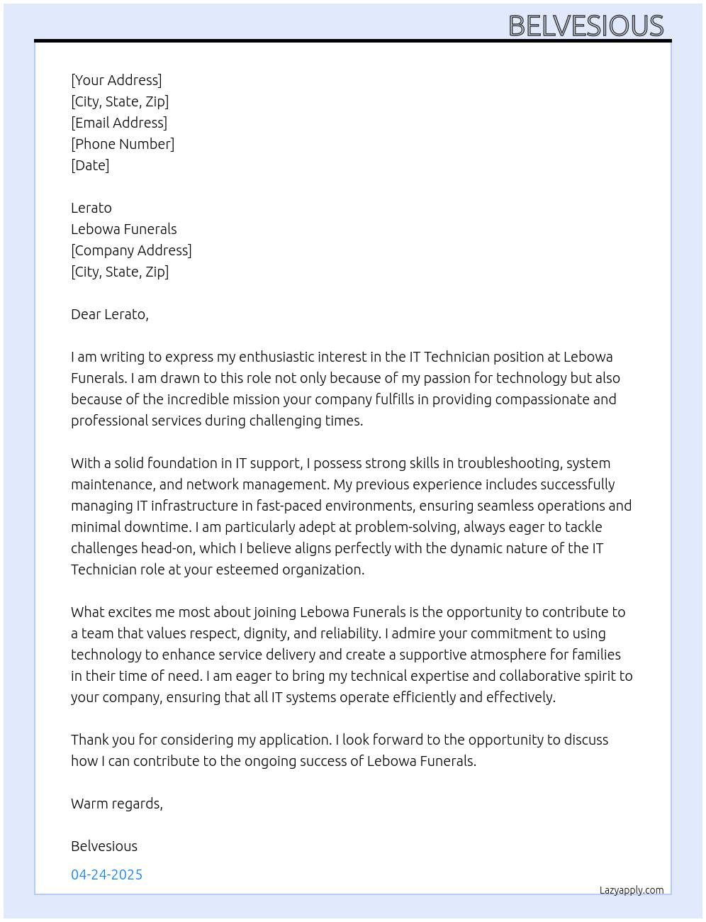 IT Technician At Lebowa funerals Cover Letter