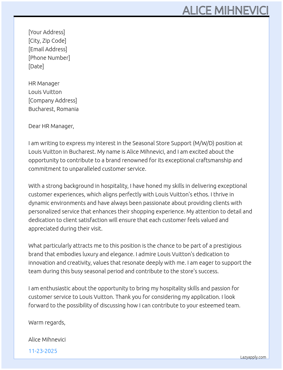 Seasonal Store Support (M/W/D) At Louis Vuitton Cover Letter