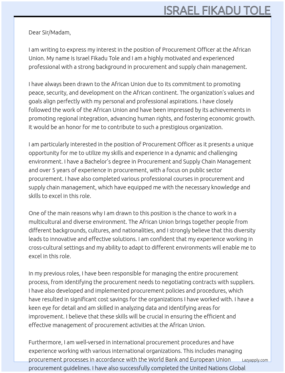 Procurement officer At African Union Cover Letter
