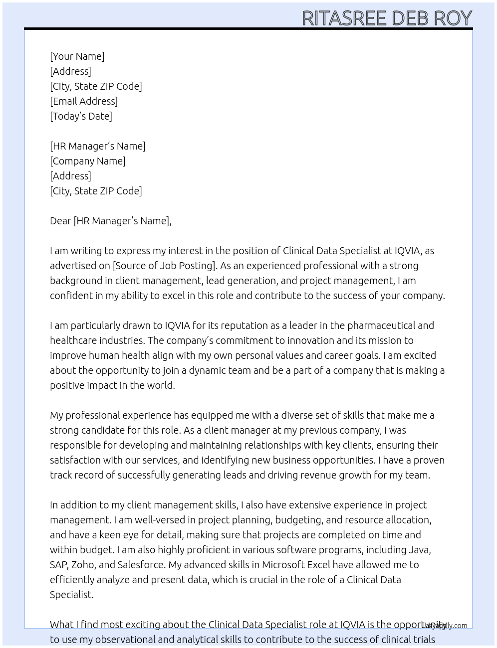 Cover letter for clinical data specialist - LazyApply