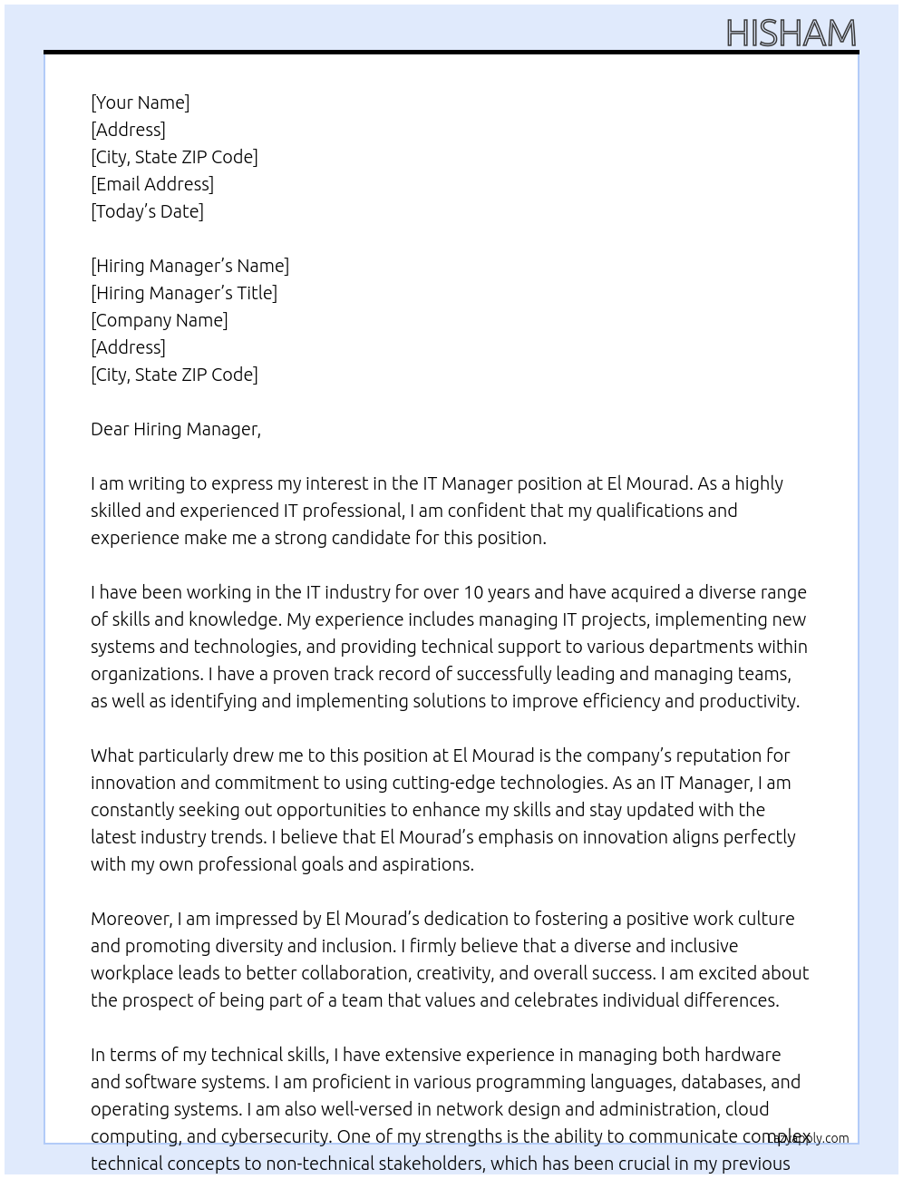 IT Manager At El Mourad Cover Letter
