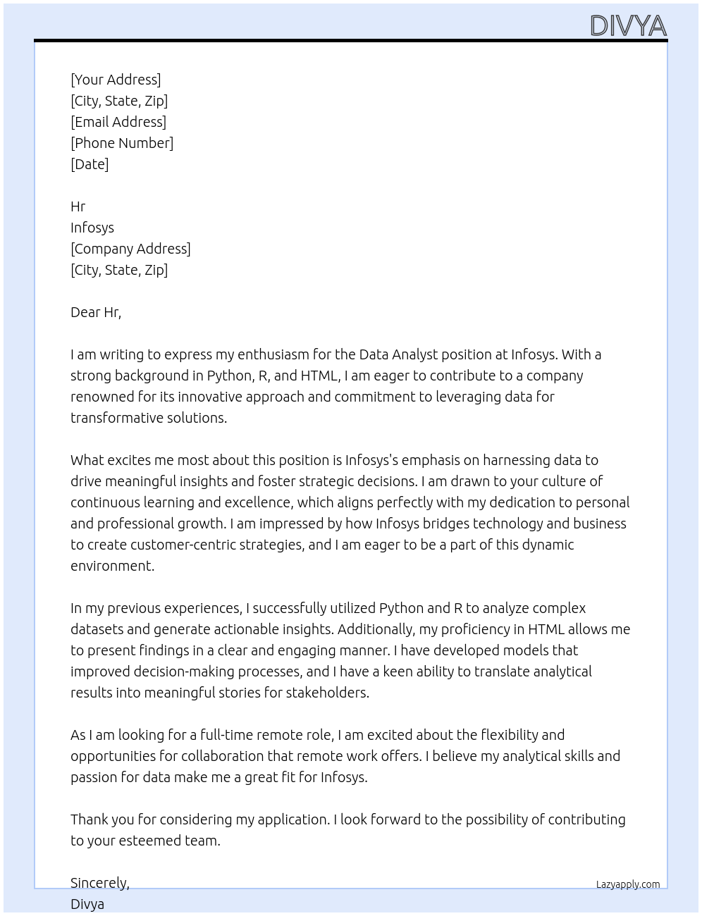 Data analysis At Infosys Cover Letter