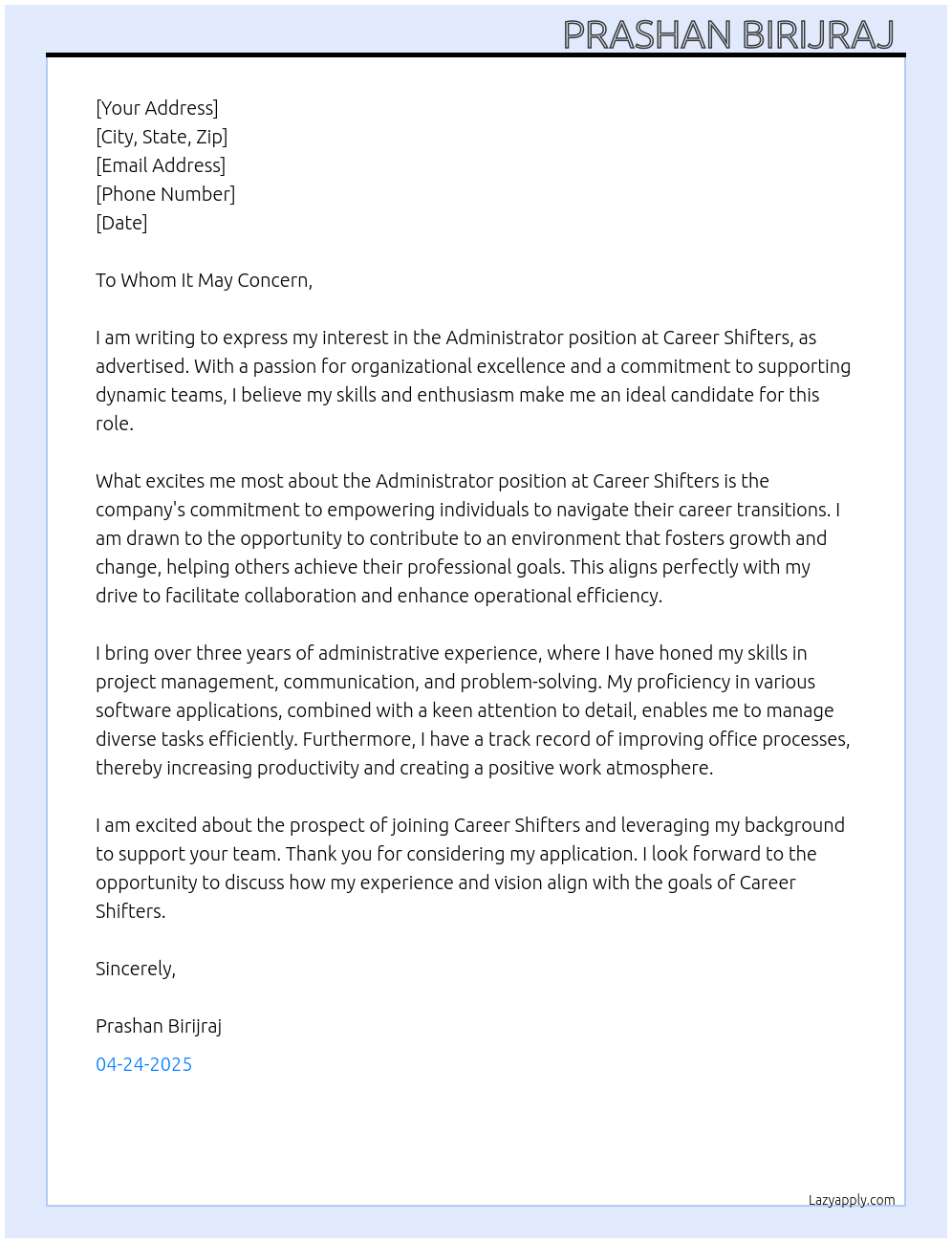 Administrator  At Career shifters  Cover Letter