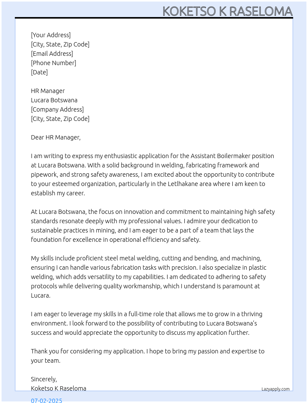 Cover letter for assistant boilermaker - LazyApply
