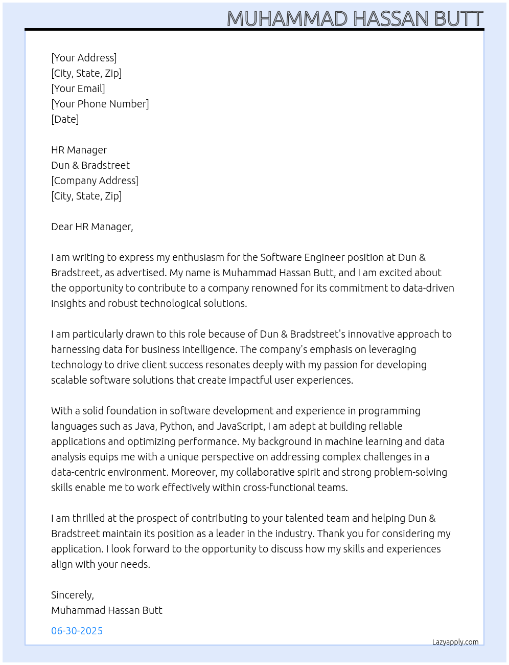 Software Engineer At dun & broadstreet Cover Letter
