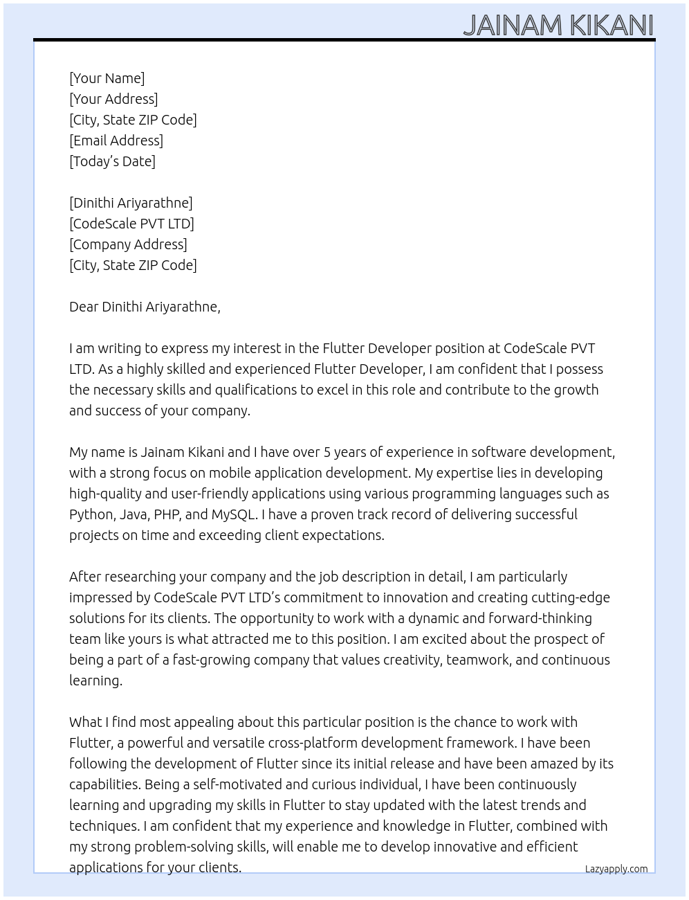 Flutter Developer At CodeScale PVT LTD Cover Letter