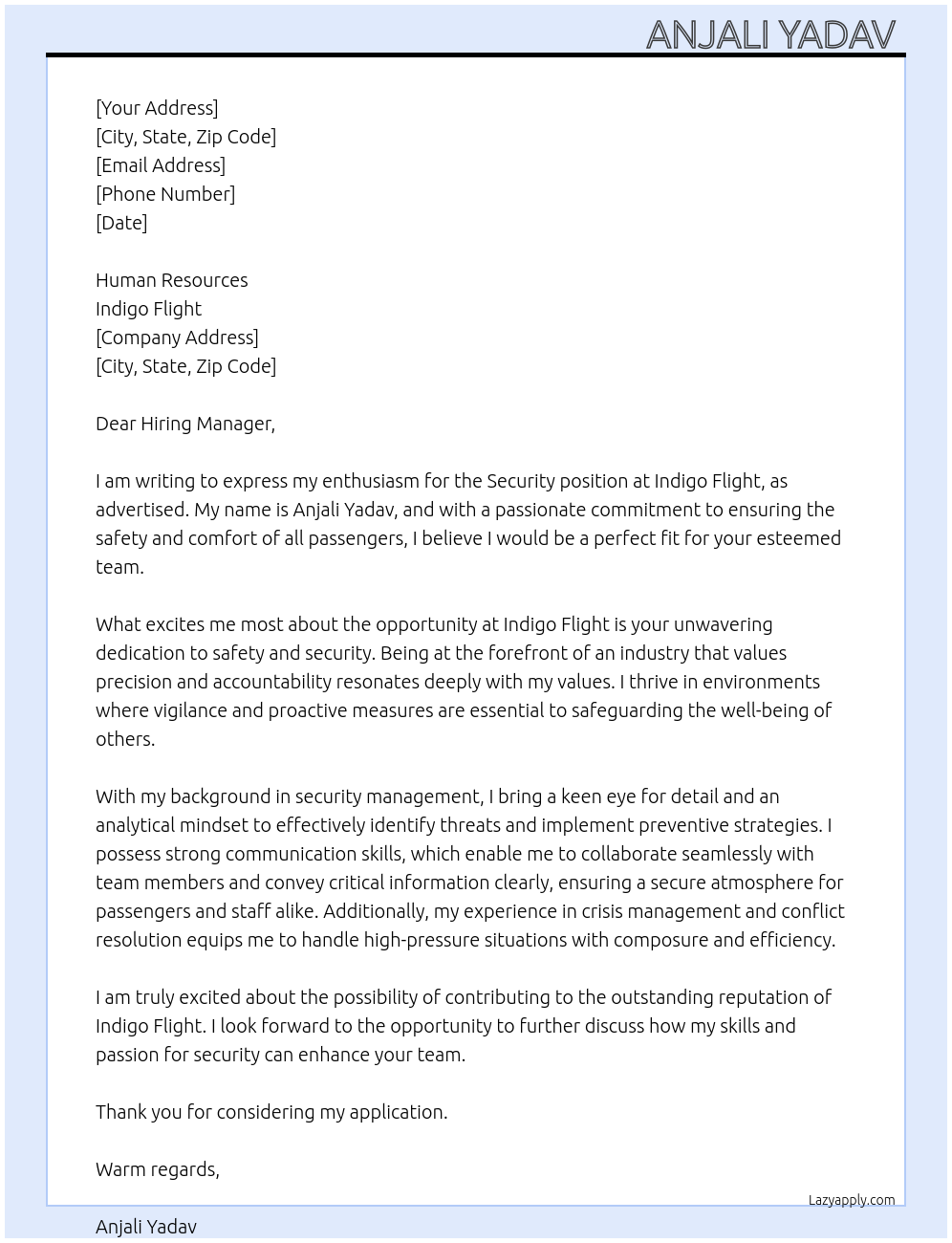 Security  At Indigo flight  Cover Letter