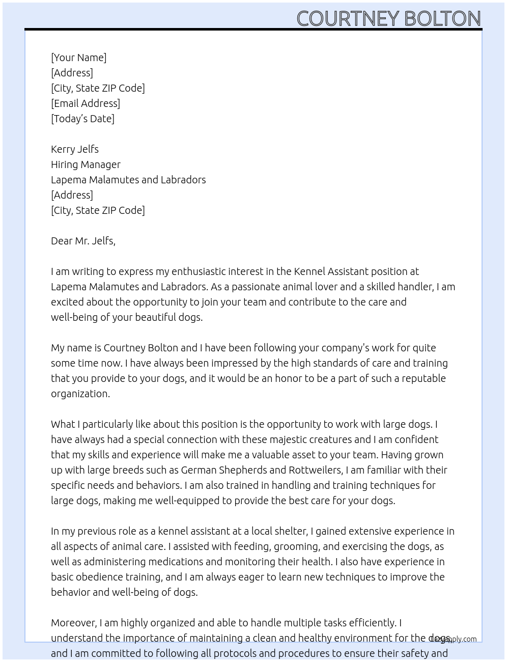 Cover letter for kennel assistant - LazyApply