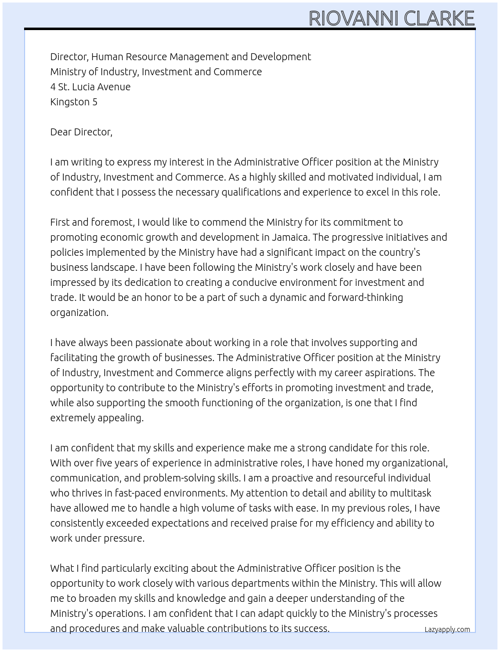 Administrative Officer At Ministry of Industry, Investment and Commerce Cover Letter