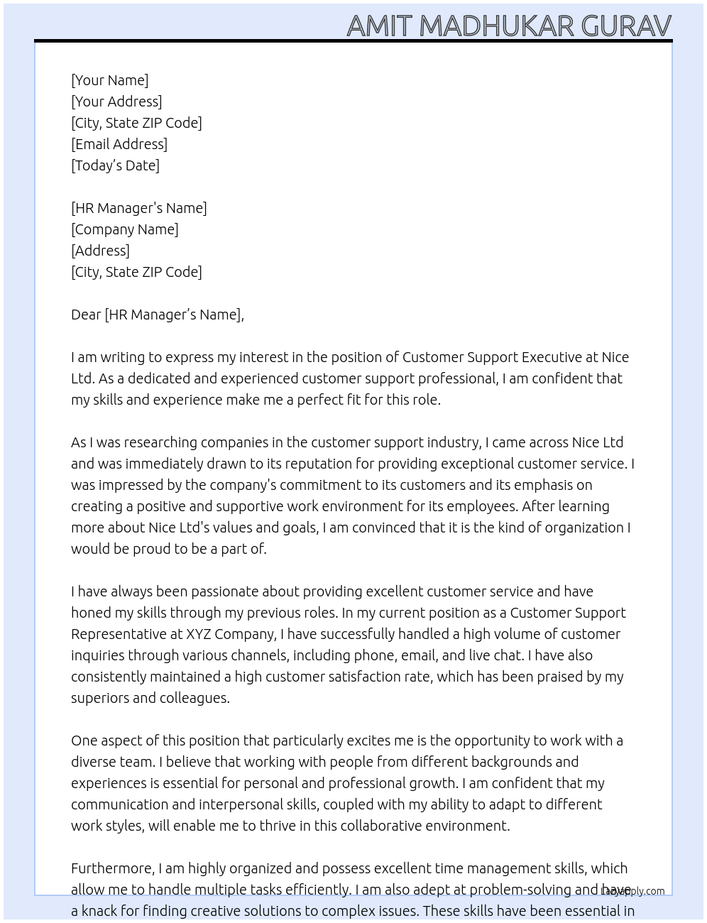 Customer support executive At Nice Ltd Cover Letter