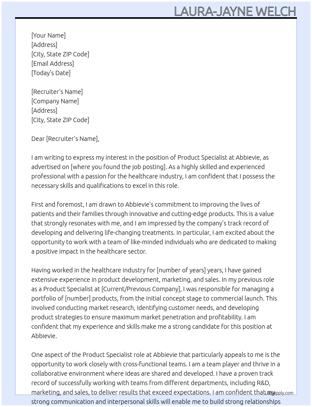 Product specialist At Abbievie Cover Letter