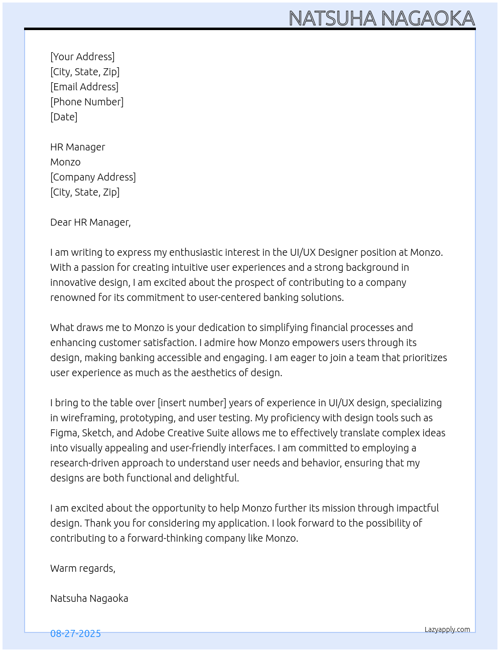 UIUX Designer At Monzo Cover Letter