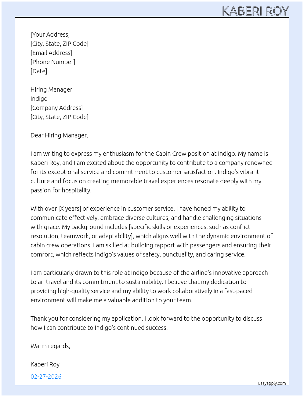 Cabin crew  At Indigo Cover Letter