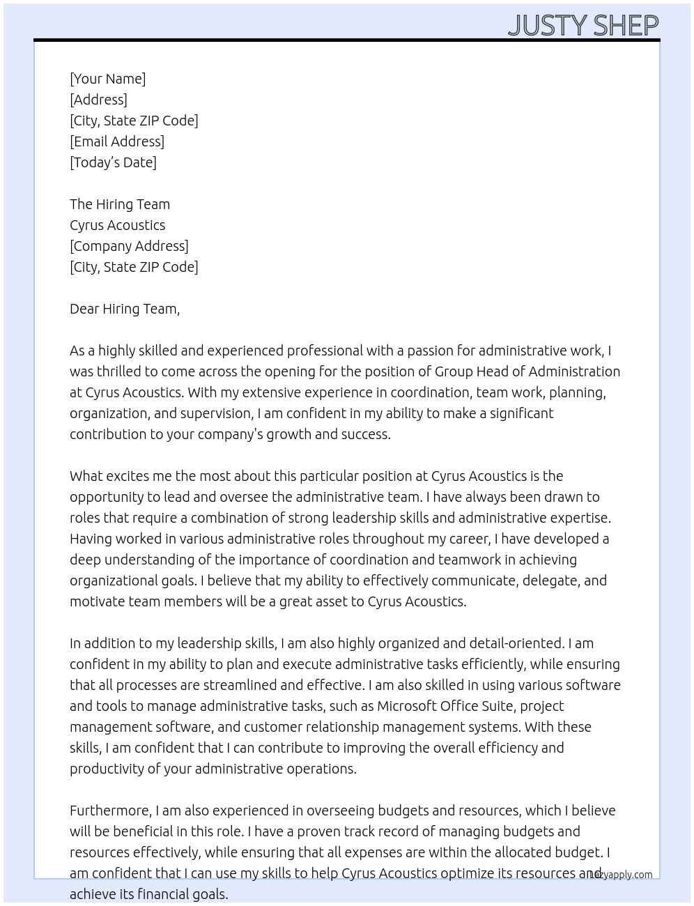 Group Head of Administration At Cyrus Acoustics Cover Letter