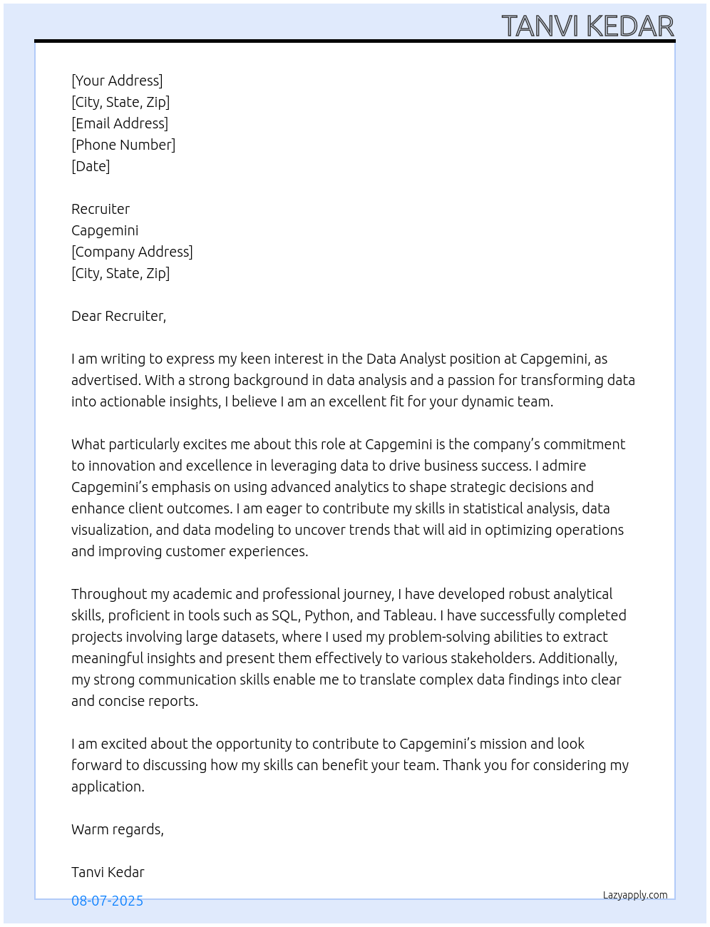 Data Analyst At Capgemini Cover Letter