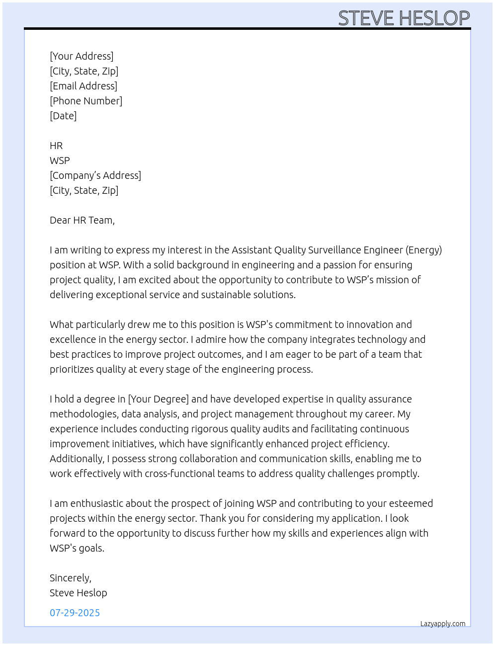 Assistant Quality Surveillance Engineer (Energy) At WSP Cover Letter