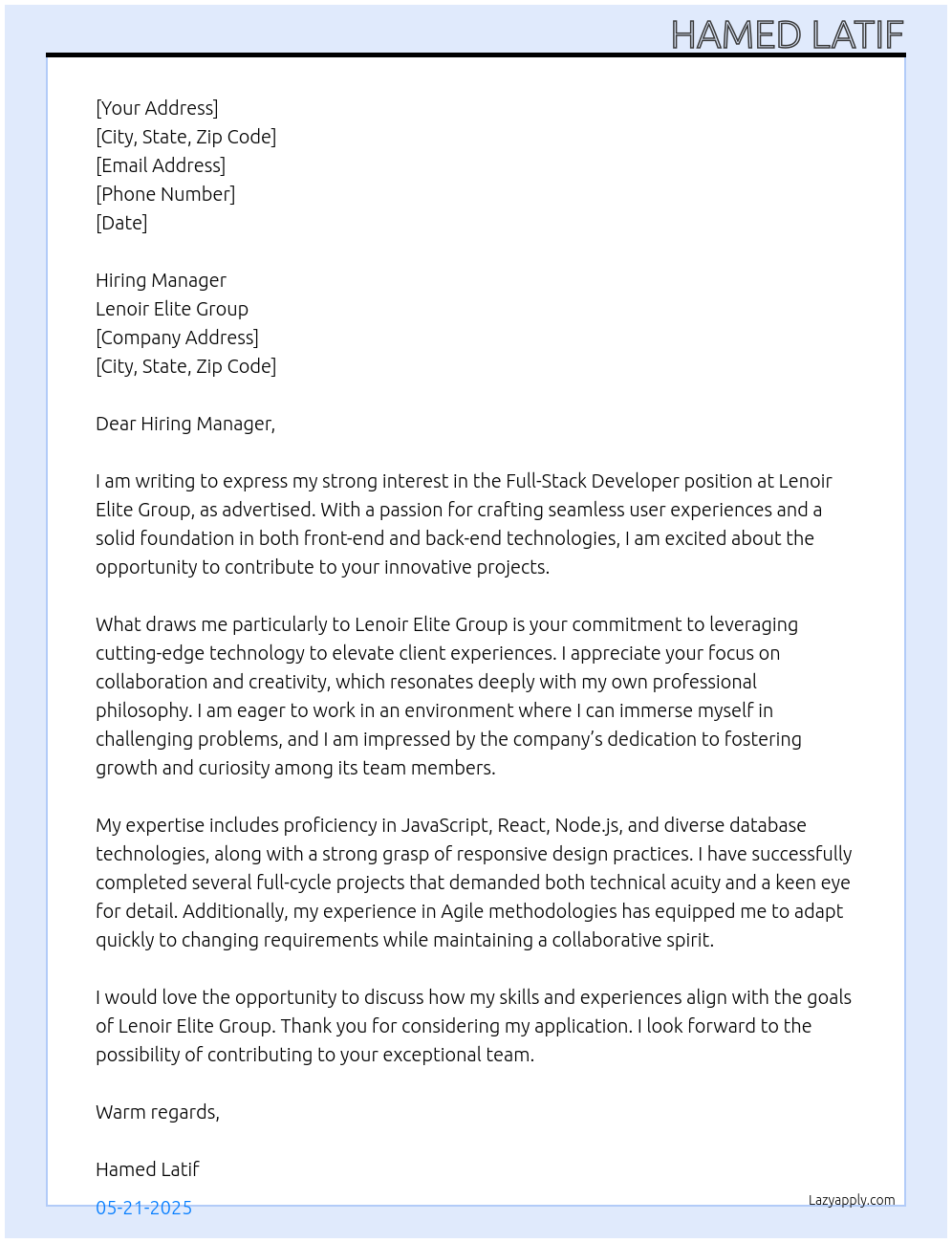 Full-Stack Developer At lenoir elite group Cover Letter