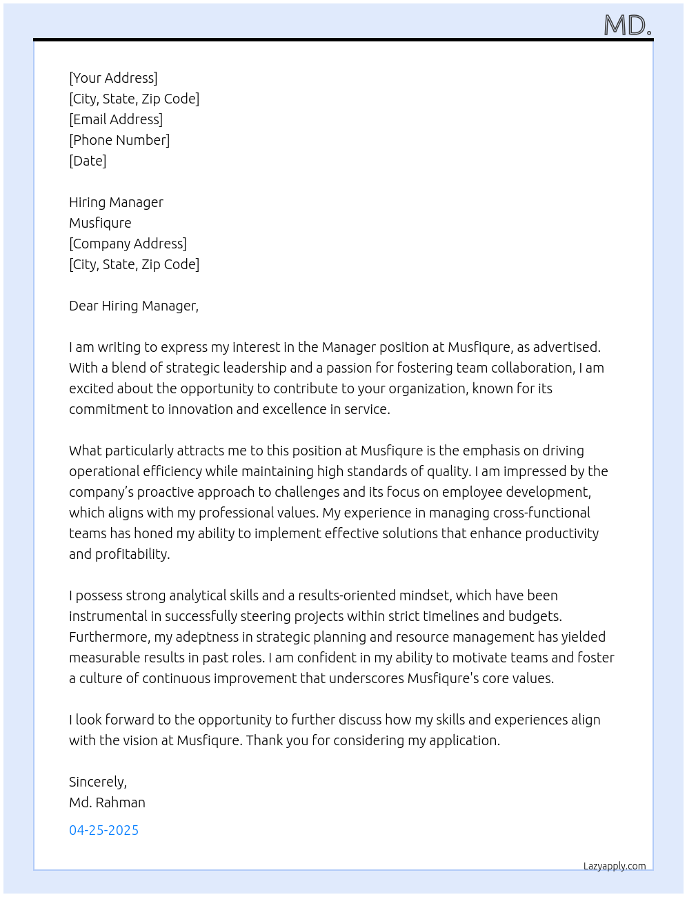 Manager At Musfiqure Cover Letter