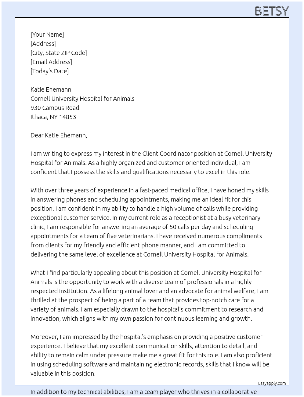 Cover letter for client coordinator - LazyApply