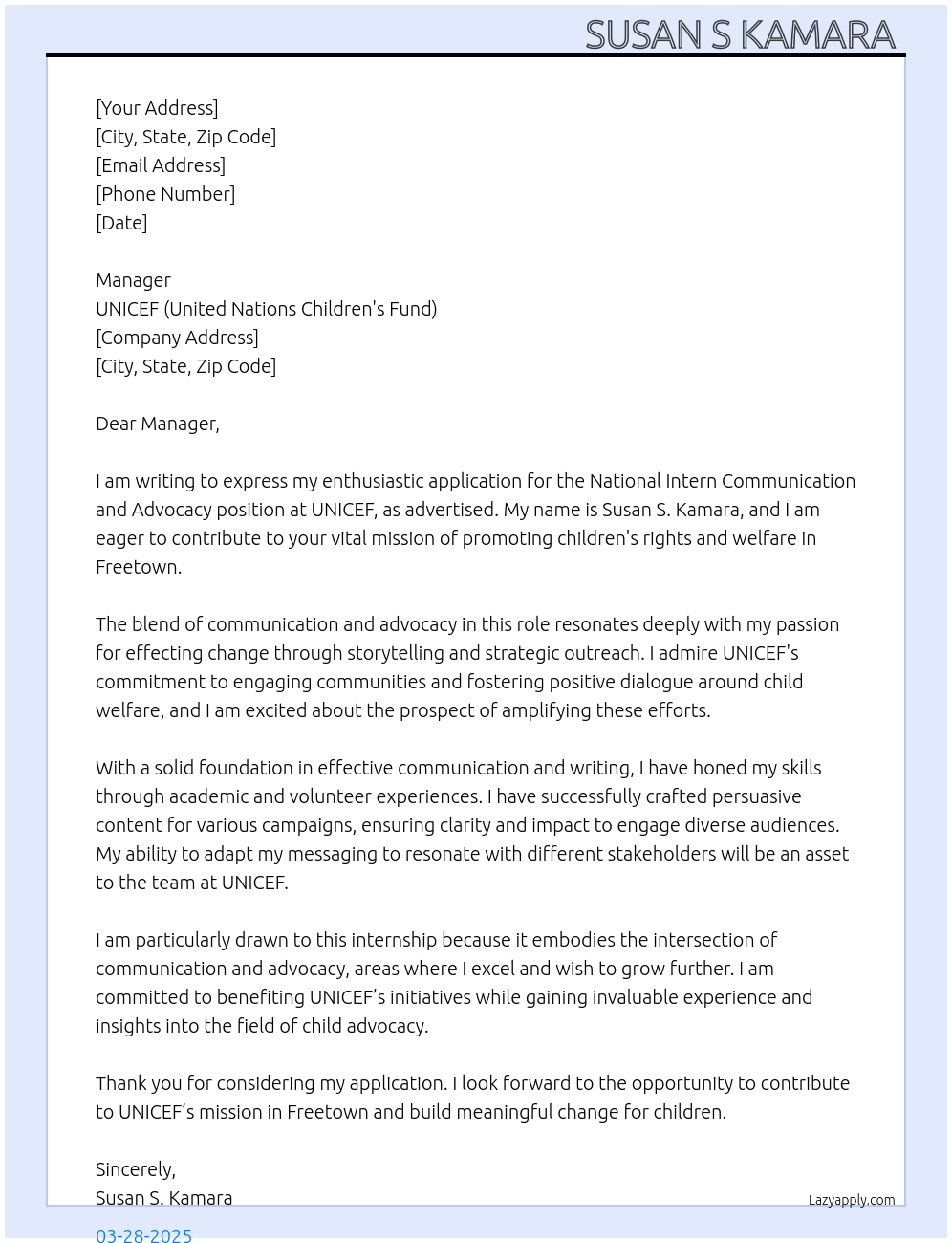 National Intern Communication and Advocacy  At UNICEF(United Nations Children's Fund ( Cover Letter