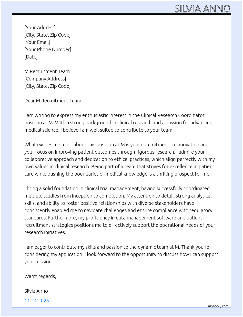 Cover letter for clinical research coordinator - LazyApply