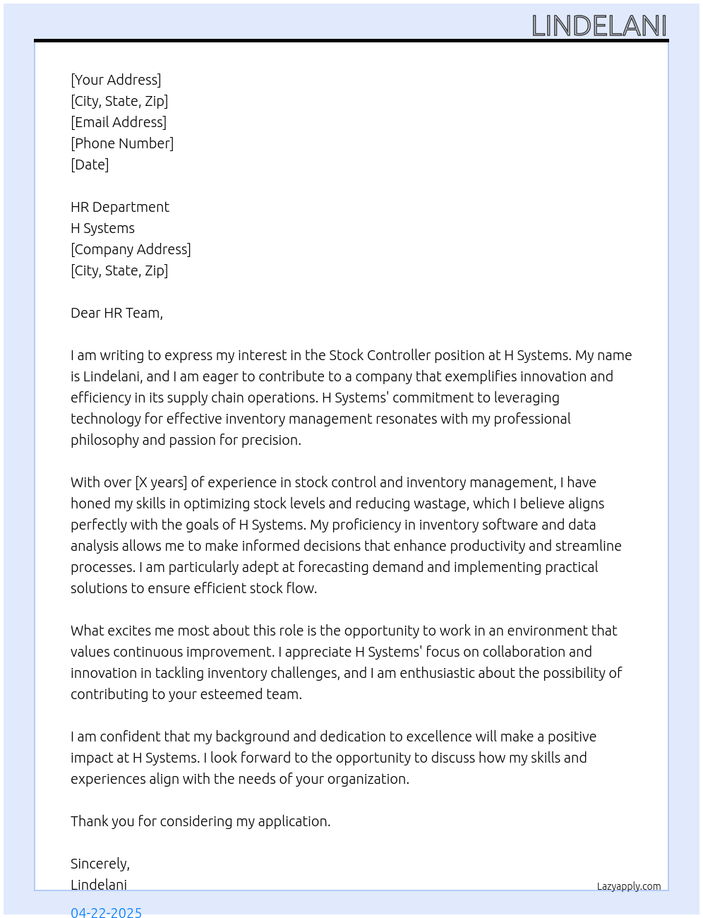 stock controller At H Systems Cover Letter