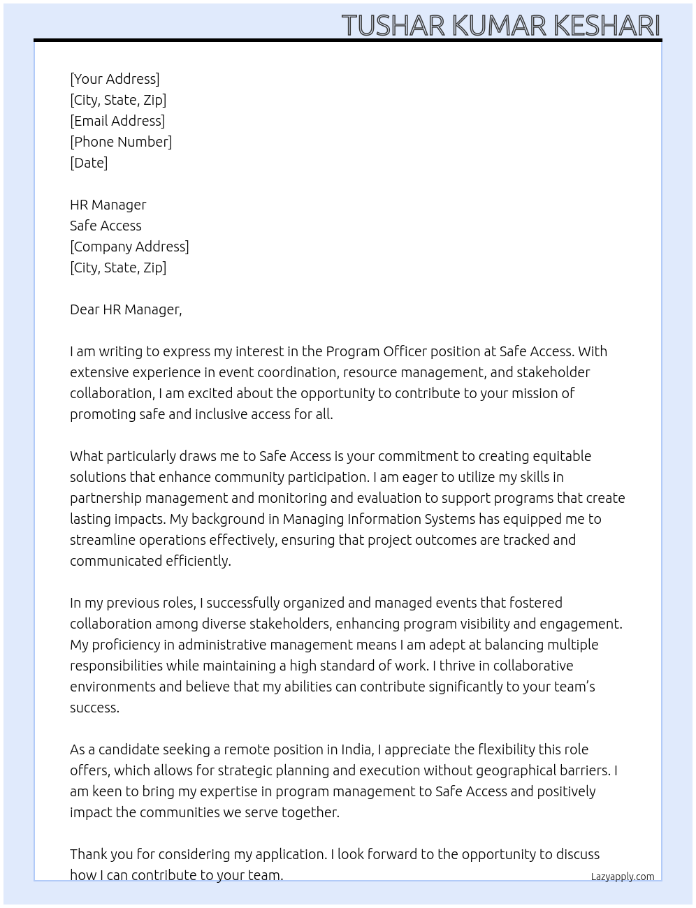 Program Officer At Safe Access Cover Letter