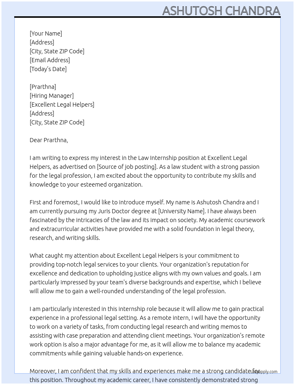 Law Internship At Excellent Legal Helpers Cover Letter