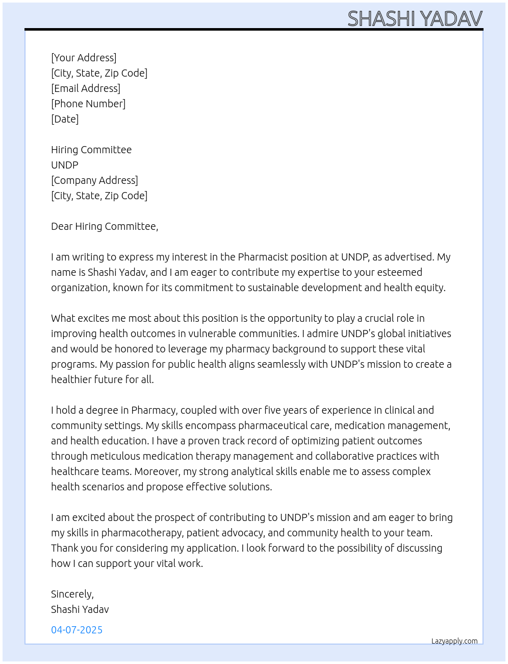 Pharmacist At UNDP Cover Letter