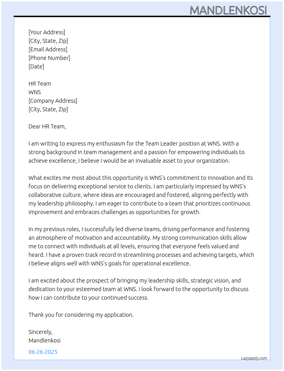 Team Leader At WNS Cover Letter