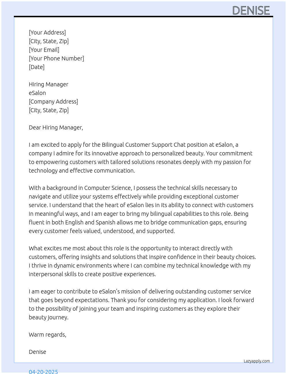 Bilingual Customer support chat  At esalon Cover Letter