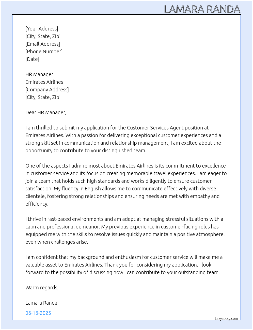 Cover letter for customer services agent - LazyApply